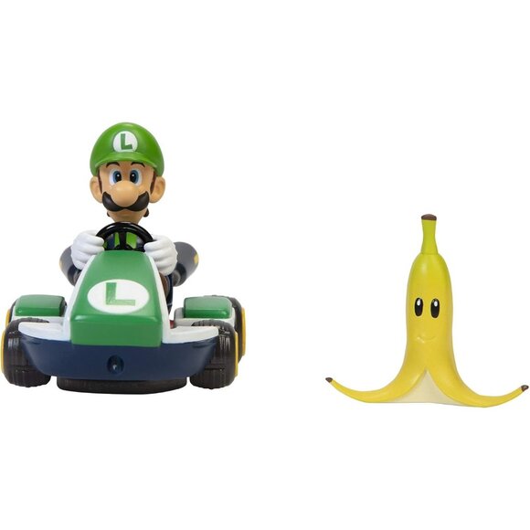 Super Mario Spin Out Luigi Figure On Kart With Banana Wind Up Go 2.5" MarioKart - Picture 9 of 9